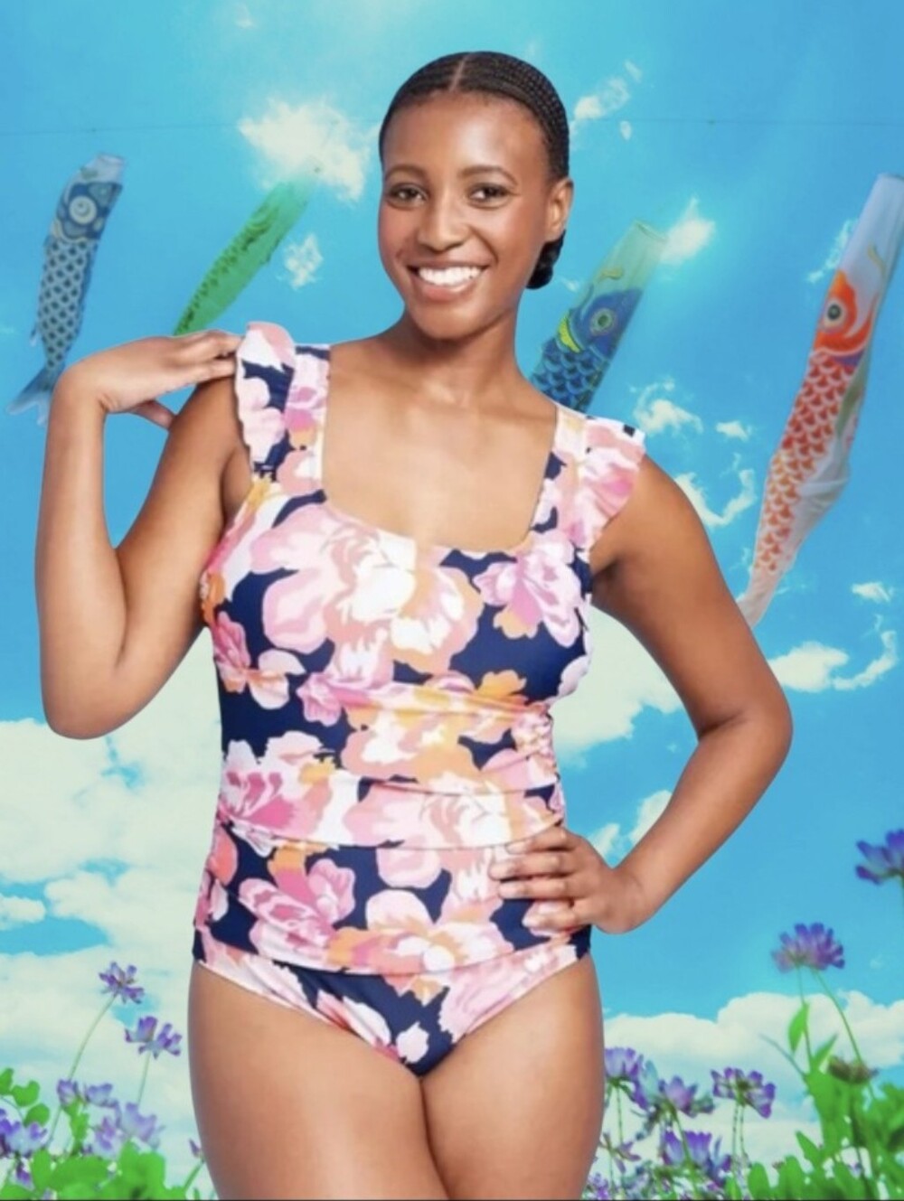 #K43 Women's Floral Ruffle Strap Swimsuit - Pink & Navy